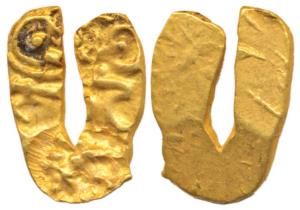 Shilaharas of Karad (c. AD 1050-1212), U shaped Gold Fanam, three punches on obv. with ani
