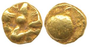 Shilaharas of Kolhapur, Gold Double Fanam, 0.77g, trishul on obv., rev. plain field with r