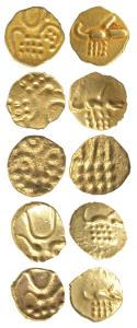 Veera Raya, Coorg, Gold Fanam (5), obv. stylized lion standing right with crescent above; 