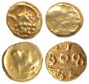 Kanthirava Narasa Raja of Mysore, Gold Fanam (2), obv. seated Narasimha; rev. Kanarese leg