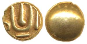 South India, Uncertain Fanam, obv Vidhnu's head tilak-gandha; rev globule. Very Fine.