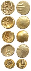 Dutch, Gold Fanams (5), Tuticorin Mint, obv. Kali, (KM 48). Very Fine. (5)
