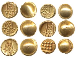 Gold Fanams (6), obv. Kali, rev. raised globule, possibly struck under Dutch influence (KM
