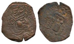 Paramaras of Malwa, Gadhiyya Derivative coinage, Copper Dramma, obv. gadhiyya head; rev. F