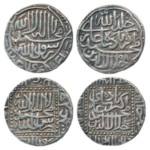 Akbar, Silver Rupee (2), Ahmedabad Mint, Kalima type, with two different designs, the firs