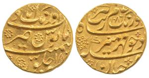Aurangzeb, Gold Mohur, Aurangabad Mint, AH 1086/18, complete mint name at top on rev. (KM 