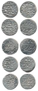 Bareli Mint, Silver Rupee, in the name of Shah Alam II, with various marks such as a Persi