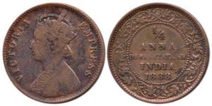 Copper ¼ Anna, with the name of Victoria Empress, 1888, (KM 13). Fine, Scarce.