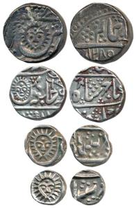 Tukoji Rao (1795-97 AD), set of 4, Silver Rupee, ½ , ¼ and 1/8 , Malhar Nagar Mint, sunfac