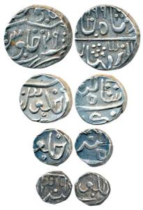Dulep Singh (1825-1846 AD), Set of 4, Silver Rupee, 1/2, ¼ and 1/8, AH 1236/45 frozen (KM 