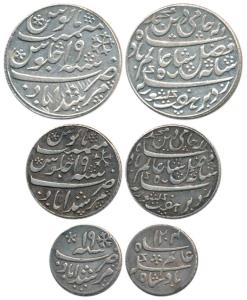 Murshidabad Mint, Set of 3, Silver Rupee, ½ and 1/4, in the name of Shah Alam II, frozen R