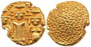 Gold 3 Swami Pagoda, 3.37 g, Tirupati Balaji in the centre, flanked by his wives Shri Devi