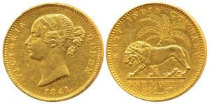 Victoria Queen, Gold Mohur, 1841, divided legend, WW incused on truncation, (KM 462.1). Ve