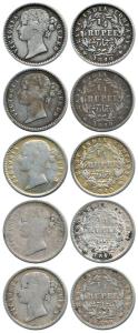 Victoria Queen, Silver ¼ Rupee (5), 1840, various types, Fine. (5)
