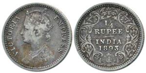Victoria Empress, Silver ¼ Rupee, 1893. About Very Fine, Scarce.