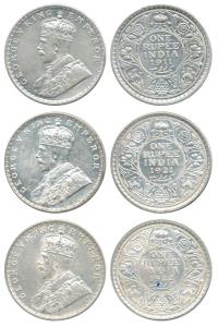 George V, Silver Rupee (3), 1911, 1921 and 1922. Very Fine to About Extremely Fine. (3)