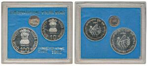 1985 Uncirculated set, International Youth Year, set of 2 pcs., Rupees 10 and 100, Calcutt