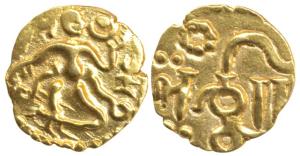 Sri Lanka, Chola Fanam, Gold ¼ Pagoda, 1.04g, king on obv., with Lanka written on rev. (De