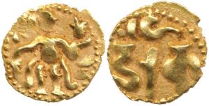Sri Lanka, Gold 1/8 Pagoda (Fanam), 0.5g, obv. king standing; rev. Nagari legend Darak (De