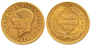 Turkey, Gold 100 Piasters, 7.21g, Ankara, 1928, .917 fine (KM 102). Extremely Fine.