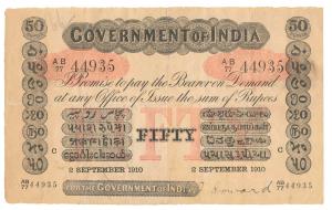 Government of India, Uniface, Rupees 50, red under print, Calcutta Circle, signed H. F. Ho