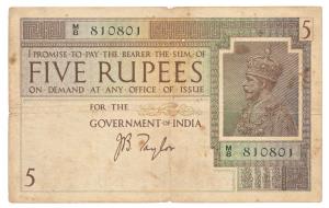 George V, Rupees 5, 1st issue, 1925, signed J. B. Taylor, (Jhun 4.2). Fine.