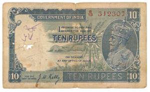 George V, Rupees 10, 3rd issue, 1933, signed J. W. Kelly, (Jhun 8.2). Fine, Scarce.
