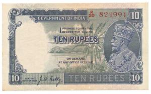 George V, Rupees 10, 3rd Issue, 1933, signed J. W. Kelly, (Jhun 8.2). Very Fine+, Rare.