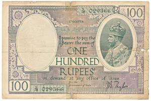 George V, Rupees 100, Calcutta, 1927, signed J. B. Taylor, (Jhun 10.2C). Tear in right mar