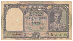 George VI, Rupees 10, 2nd issue, 1944, signed C. D. Deshmukh, (Jhun 6.1). Fine.