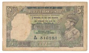 Burma, George VI, Rupees 5, 1945, signed J. B. Taylor, Military Administration of Burma bl