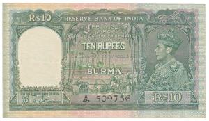 Burma, George VI, Rupees 10, 1938, signed J. B. Taylor, green colour, (Jhun 5.1). Very Fin