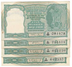 Rupees 5, 4 notes of different varieties and signatures, (Jhun 3.3.1 to 3.5.1). Very Fine 