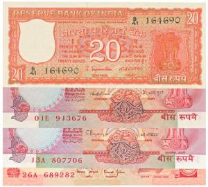 Rupees 20 complete set of 33 notes, with different dates and signatures of all varieties (