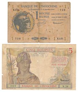 French India, Banque De L'Indochine, Rupee 1 and Rupees 5, Pondichery, (Jhun 1.7a & 2.2). 