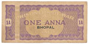 Bhopal, 1 Anna, vertical vertical panel at left, purple colour, handwritten on the reverse