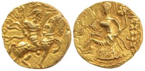 Guptas, Chandragupta II (AD 380-414), Gold Dinar, Horseman type, obv. king riding a horse 