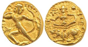 Guptas, Chandragupta II, Gold Dinar, Lion-Slayer type, obv. king standing drawing a bow an
