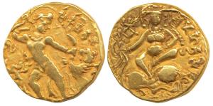 Guptas, Kumaragupta I (c. 473-476 AD), Gold Dinar, Lion-slayer type, class II lion-trample