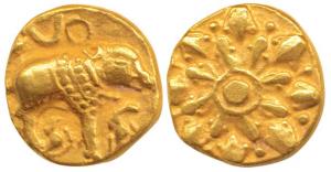 Chalukyas of Kalyana (c. 973-1068), Gold Pagoda Varaha (Boar) type, caparisoned boar stand