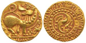 Kadambas of Hangal, Toyimadeva (1048-1075 AD) Gold Pagoda, lion advancing right with its h