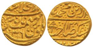 Shah Alam II (AH 1173-1221, 1759-1806 AD), Gold Mohur, Sahib Qiran couplet, royal umbrella