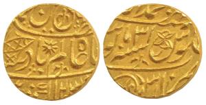 Muhammadabad Banaras Mint, Gold Mohur, in the name of Shah Alam II, fish, sun-burst and fl