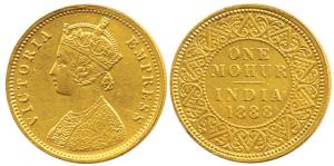 Victoria Empress, Gold Mohur, 1888, V in Jabbot. Very Fine+, Very Rare.