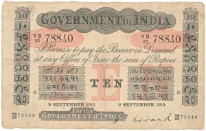 Government of India, Uniface, Rupees 10, red under print, Calcutta Circle, signed H. F. Ho