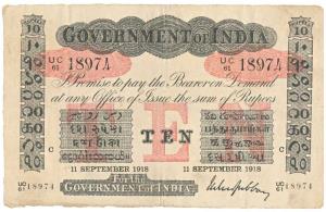 Government of India, Uniface, Rupees 10, red under print, Calcutta Circle, signed M.M.S. G