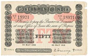 Government of India, Uniface, Rupees 50, red under print, Bombay circle, signed H. Denning