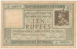 George V, Rupees 10, 1st issue, 1923, signed A. C. McWatters, serial number in top left co