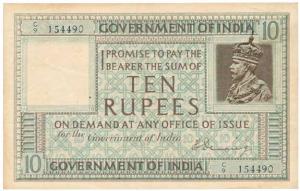 George V, Rupees 10, 1st issue, 1925, signed H. Denning, serial number in top left corner 