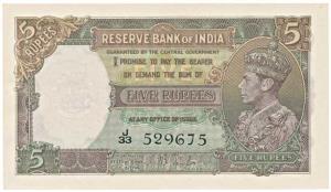 George VI, Rupees 5, 1st issue, 1938, signed J. B. Taylor, (J&R 3.1). Uncirculated, Scarce